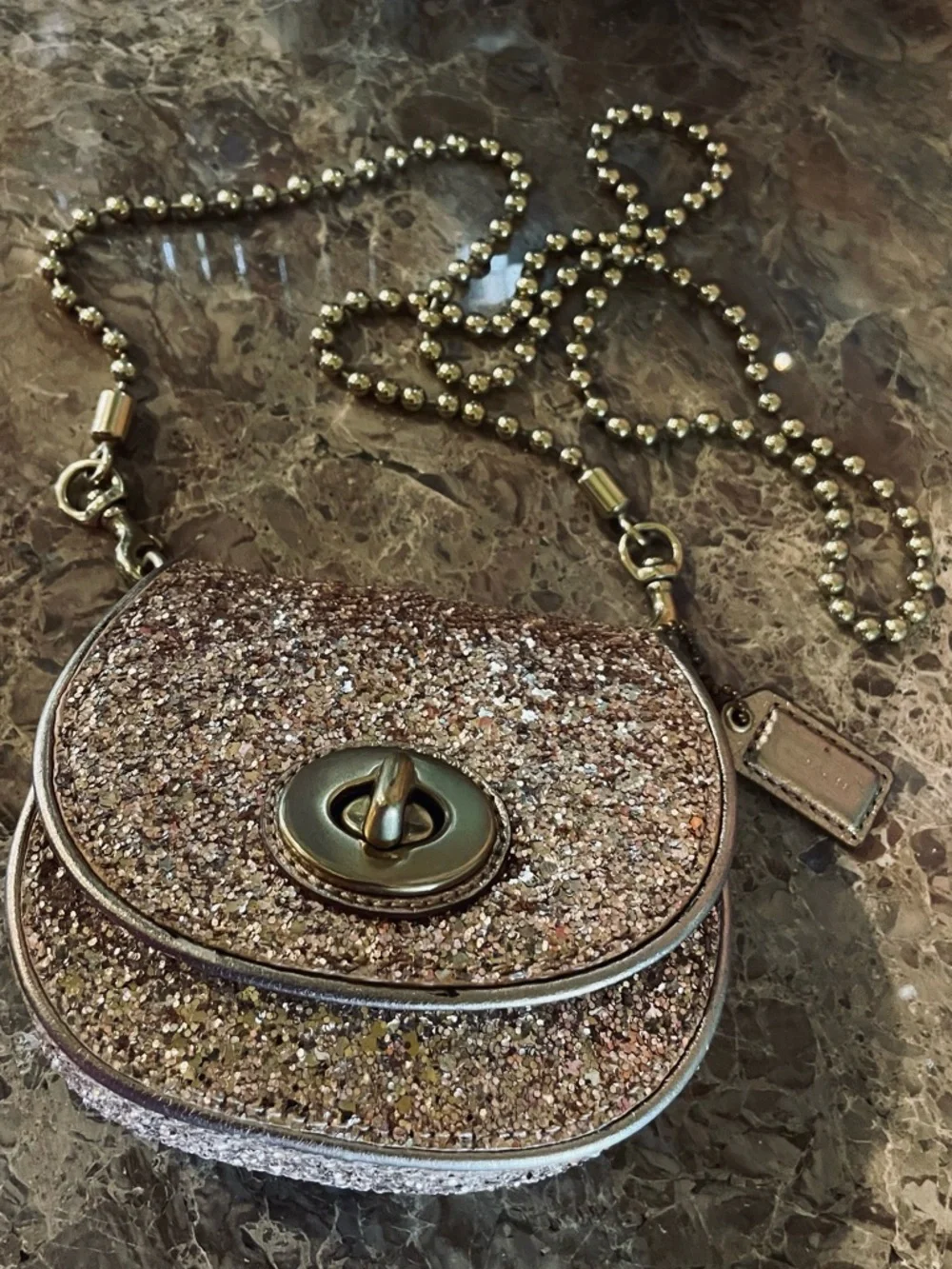 COACH Sparkle Leather Crossbody Gold Glitter Mini Bag Style No 43292 - Picture 7 of 17